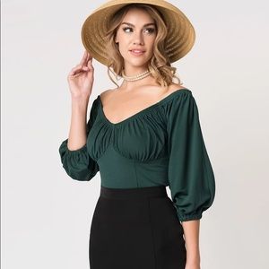 Micheline Pitt for Unique Vintage Green Off-Shoulder Top